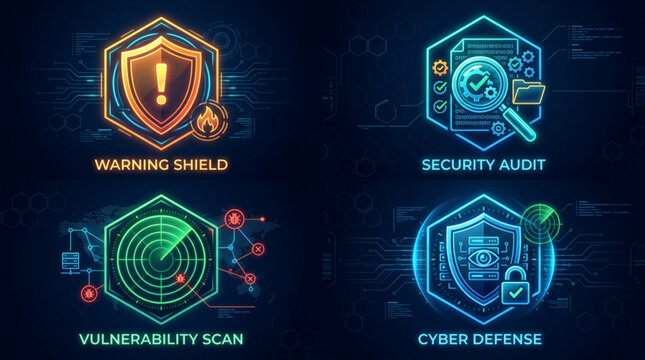 Cyber security icons set with warning shield audit vulnerability scan