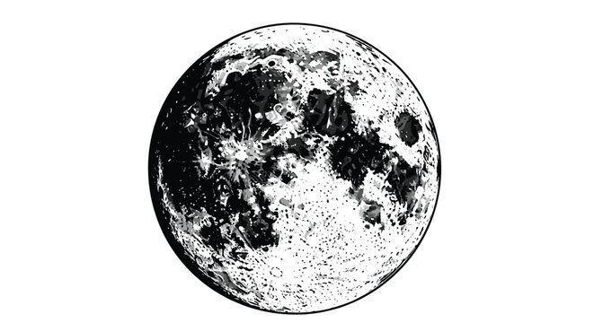 Realistic high-contrast black and white illustration of the full moon surface, showing craters and mares in a detailed astronomical sketch style.