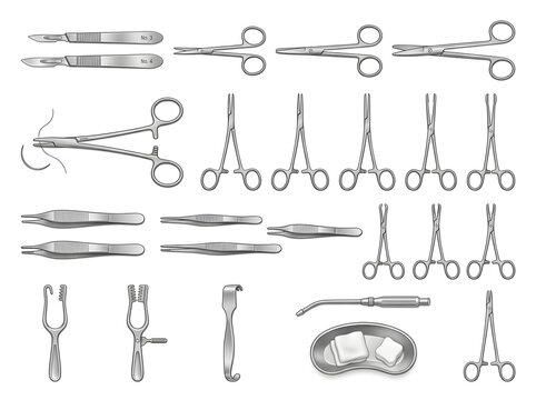 Assorted surgical instruments and forceps set isolated on white background