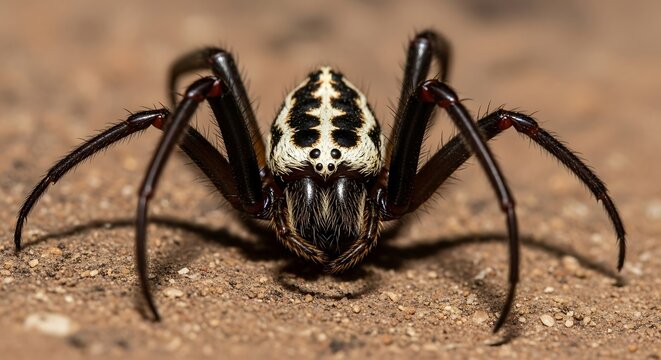 A close-up photograph of a spider with a white abdomen featuring black stripes and dots, and black legs on a brown surface