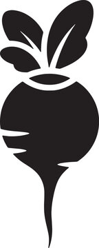 Black silhouette of a beet root vegetable with green leaves.