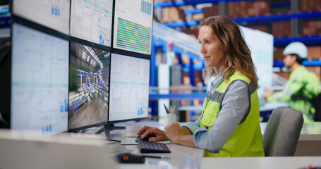 Fototapeta na wymiar Experienced Logistics Manager Monitors Real-time Package Flow