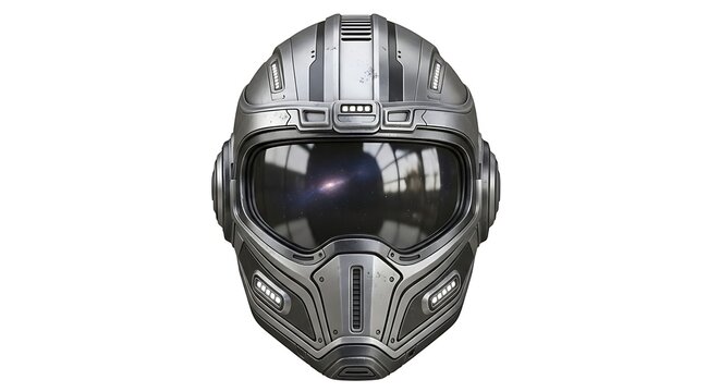 A futuristic silver motorcycle helmet with a black visor on a white background