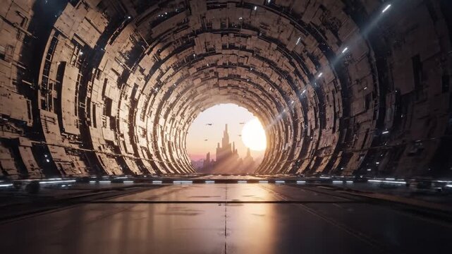 Massive circular industrial metal tunnel leading to bright opening.