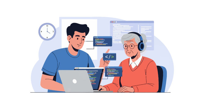 Flat vector illustration of a young male programmer teaching an elderly senior woman how to code on a laptop with floating software development windows and a wall clock background.