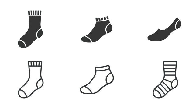Set of six different sock icons, flat design style, black and white