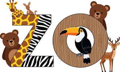 Obraz premium Cute animal alphabet letters Z and O with safari wildlife cartoon design isolated on white
