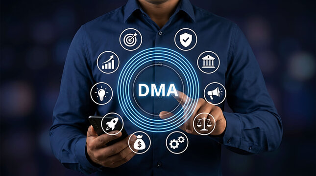 Businessman pointing at DMA text surrounded by business icons