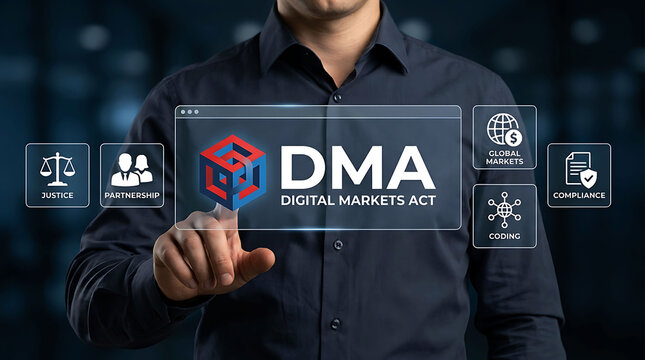 Businessman pointing at digital markets act compliance screen concept
