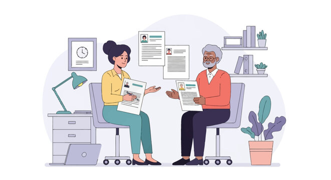 Vector illustration of young female recruiter interviewing senior male candidate in office, both holding resume papers, including desk, plant, and wall clock details.