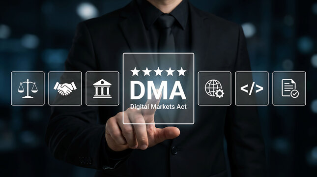 Businessman pointing at Digital Markets Act DMA compliance concept