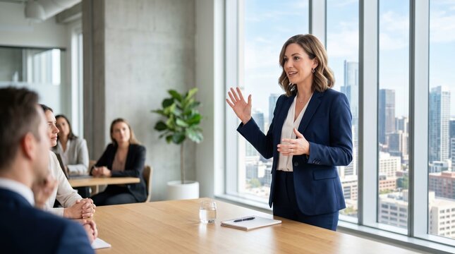 Engaging business woman displaying confidence and excitement while sharing groundbreaking strategies in a bustling corporate setting.