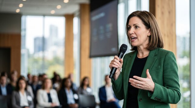Success-driven woman standing tall and smiling, showcasing her professional aspirations in a bustling business atmosphere.