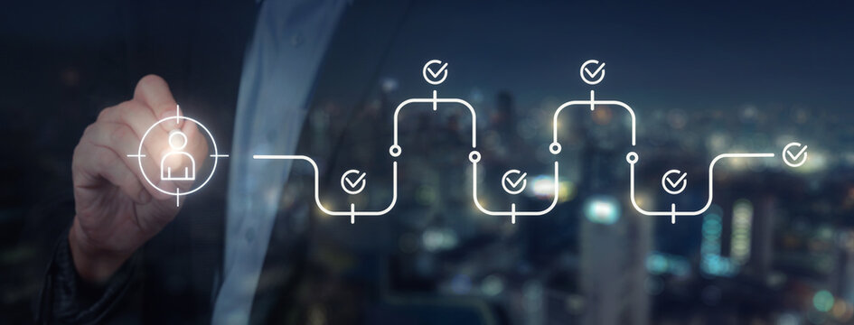 Confident recruiter managing intelligent hiring process with digital timeline pathway interface over blurred city background