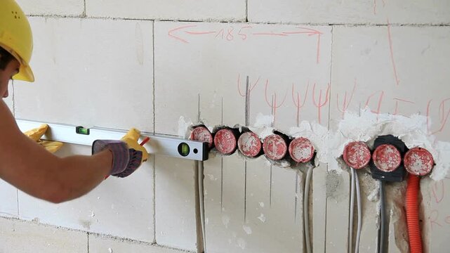 Construction worker using a level to ensure accuracy while installing electrical wiring in a wall with exposed red pipes and cables