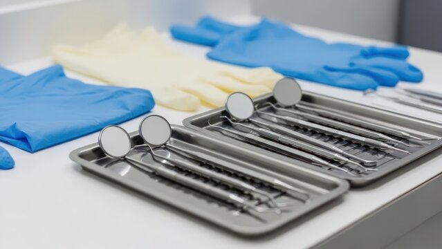 Closeup of dental instruments and gloves on a white table in a clinic.