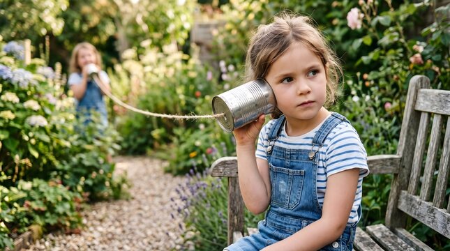 Two young girls playing with a tin can telephone in a lush green garden.
