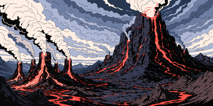 Multiple erupting volcanoes with lava flows and smoke plumes in a dramatic landscape ash cloud volcanoes eruption mountains landscape explosion volcanic erupting dangerous destructive