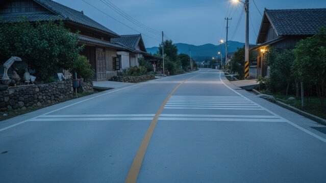 Empty rural road at dusk with traditional houses and distant mountains under a cloudy sky.