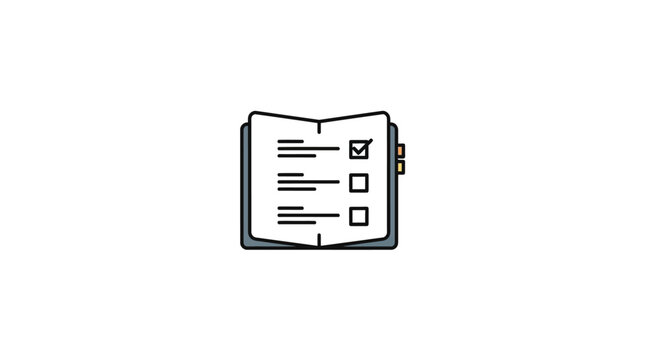 Open notebook icon displaying a checklist and lines for writing, symbolizing planning or journaling, on an isolated white background.