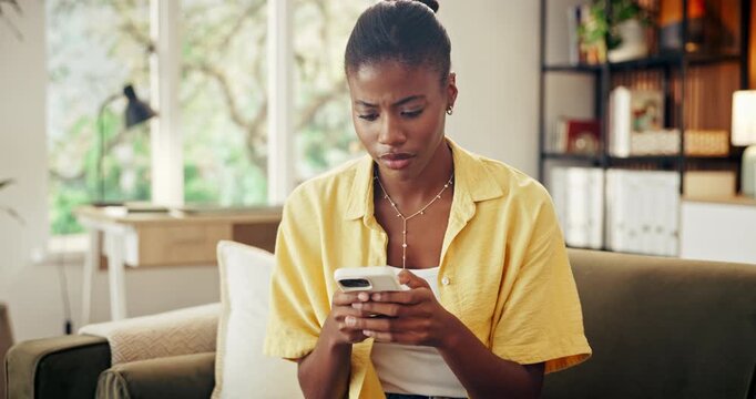 Confused, woman and surprise in home with phone, unexpected news and text message for online gossip. Black person, concern and shock in house with tech, mobile chat and typing for social media rumor.