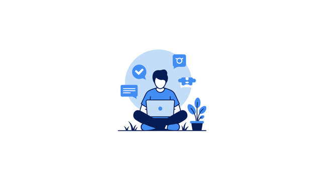 Man working on a laptop while sitting cross-legged, surrounded by chat and notification icons, isolated white background