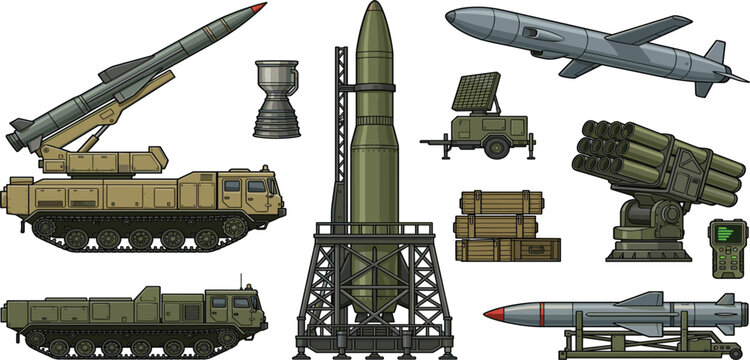 Military missile and air defense system vector element set featuring tracked launchers ballistic missiles cruise missile rocket artillery launcher radar and ammo boxes