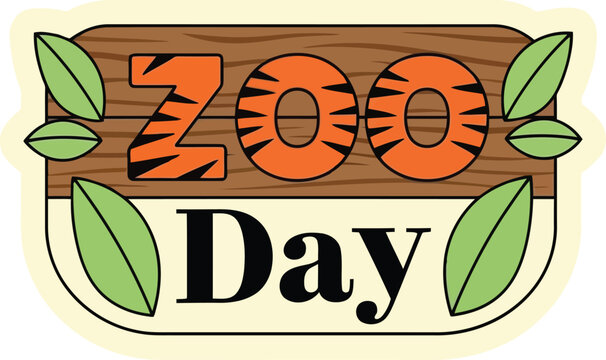 Zoo Day Typography Sign with Wooden Banner and Leaves, Cute Wildlife Event Illustration