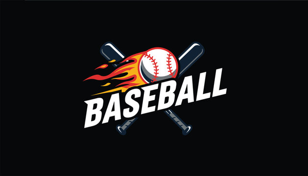 Flaming baseball logo with crossed bats and bold white typography on dark background depicting sports competition.