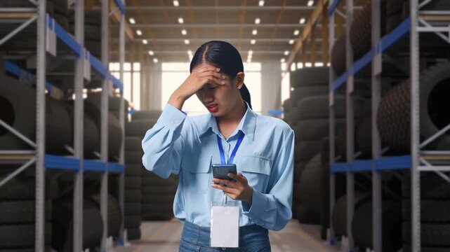Asian Female With Her Smarphone at Tire Warehouse Interior with Industrial Shelving Racks, She Is Nodding Her Shead With Dissapionted