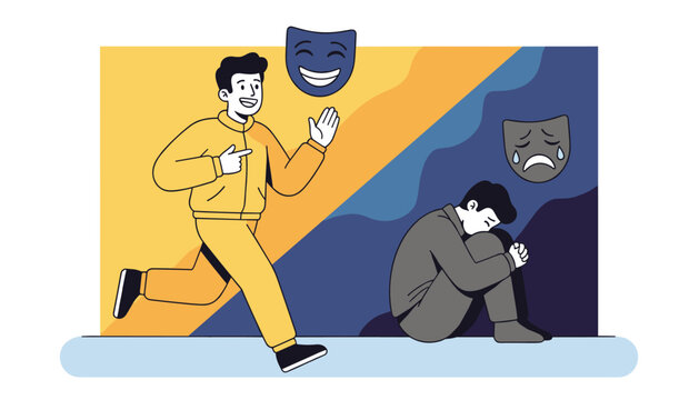 Mood disorder graphic with smiling running man in bright zone and sad sitting man in dark zone representing bipolarity.
