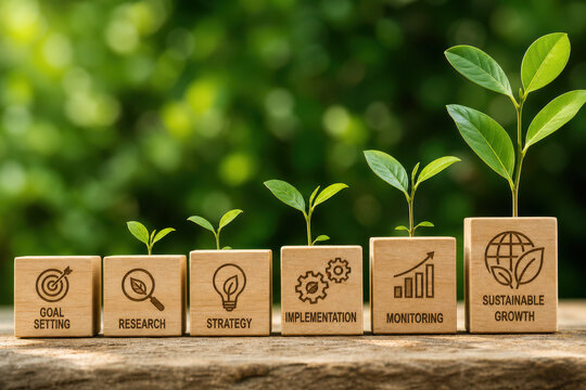 Wooden block with plant growth concept for sustainable investment strategy and goal setting on green background