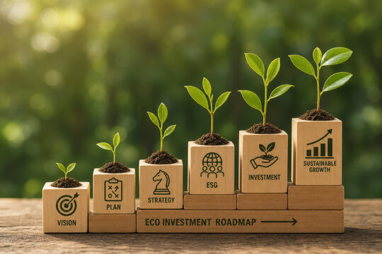 Eco investment roadmap with wooden block, growing plant, strategy plan, esg concept and sustainable growth on green background