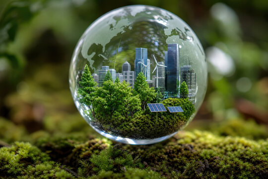 Glass globe miniature eco city forest green energy sustainability future landscape clean environment