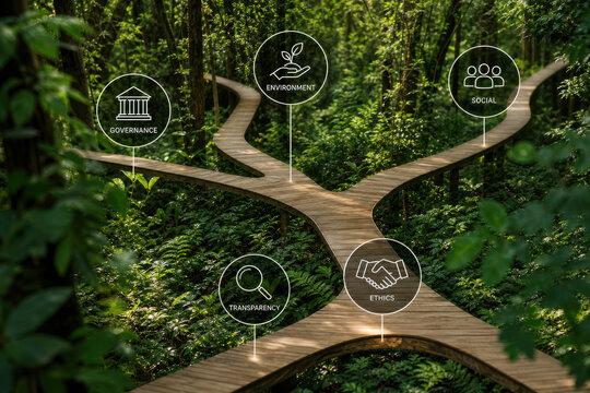 Sustainable supply chain, forest pathway, wooden walkway, green forest, environmental icon, social icon