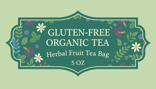 Vintage botanical frame design for organic gluten free herbal fruit tea packaging label on a light green background.