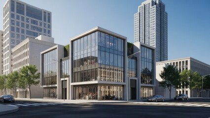 Obraz premium Modern Glass and Concrete Office Building in Urban Cityscape.