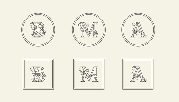 Collection of elegant floral initial monograms with letters b, m, and a in circular and square frames on beige background.