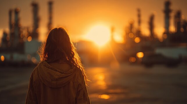 A female petroleum engineer in a professional jumpsuit standing confidently against a sunset backdrop in an industrial setting