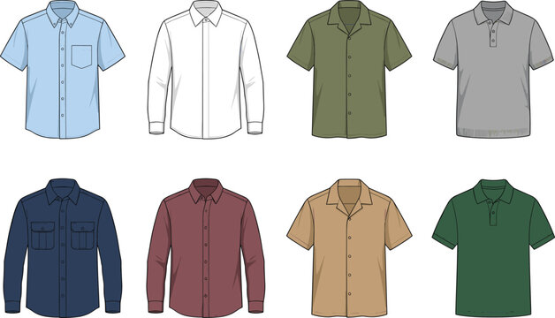 Collection of mens shirts and polo tops vector technical sketches including button down dress shirts