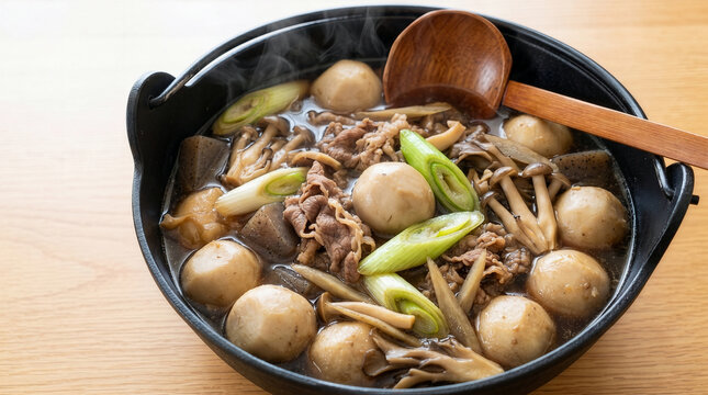 湯気が立ち上る温かい「いも煮」の美味しそうなクローズアップ