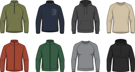 Collection of mens athletic activewear hoodies and sweatshirts vector technical sketches including quarter zips and jackets © MstNajma