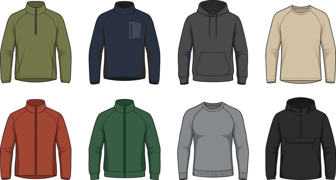 Collection of mens athletic activewear hoodies and sweatshirts vector technical sketches including quarter zips and jackets