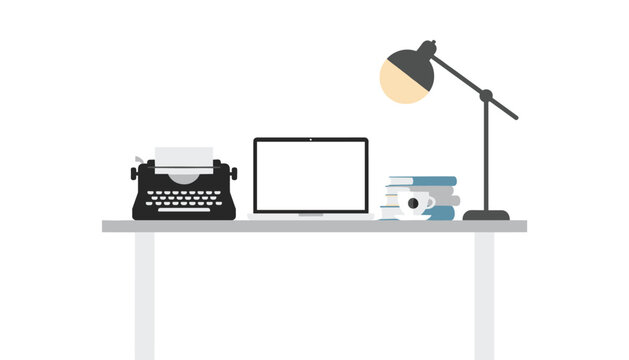 Organized work desk displaying a vintage typewriter alongside a modern laptop, books, coffee cup, and a lamp.
