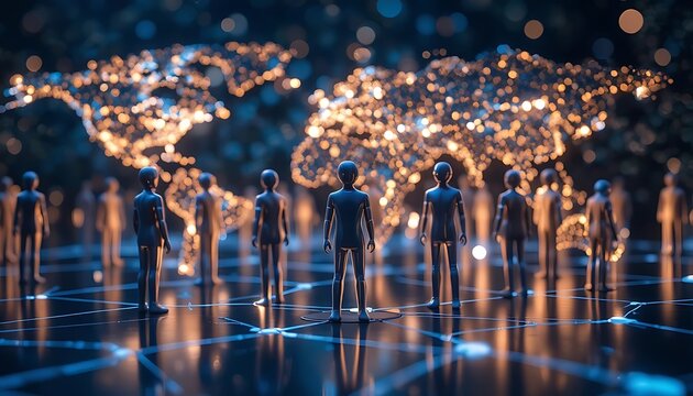 Abstract Concept of Global Business Network and Social Communication with Connected Glowing Human Figures
