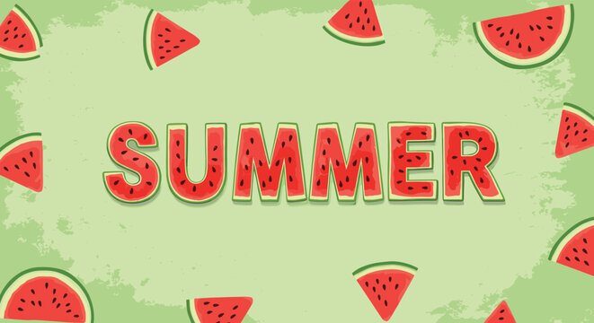 Vibrant summer banner featuring the word summer written in watermelon textures surrounded by juicy slices on a textured green background.