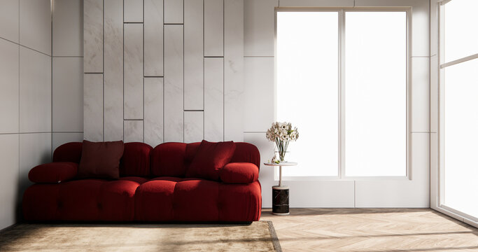 Red Living room with red wall and modern sofa on tiles floor.3D rendering