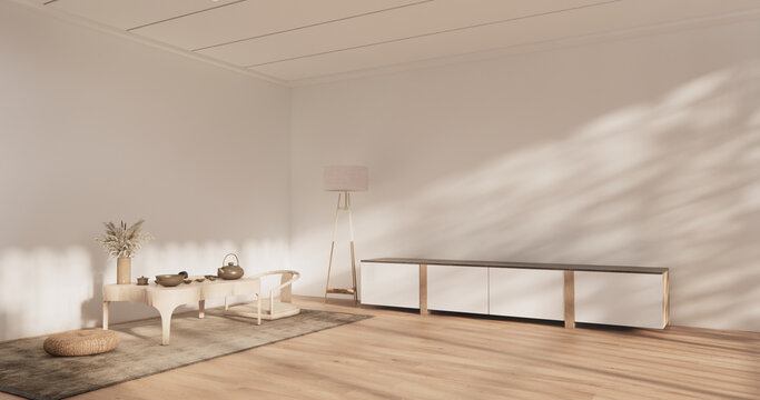 Cabinet on modern living room japanese design on empty room with decoration ,lamp, plants .3D rendering
