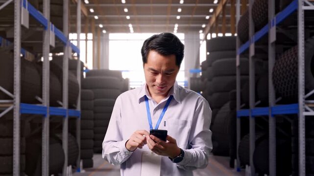 Asian Male Professional Worker Standing With His Smartphone at Tire Warehouse Interior with Industrial Shelving Racks, Work Continuously On His Device