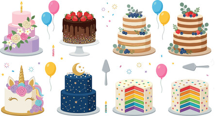 Cute birthday cake vector elements set with cartoon chocolate strawberry layered naked rainbow unicorn constellation cakes balloons sprinkles confetti and pastry server © MstRowshanAra